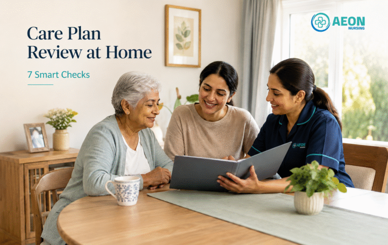 Care plan review at home with a family and care professional