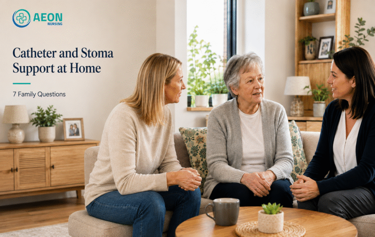 Catheter and stoma support at home: person discussing an individual support plan with a care professional