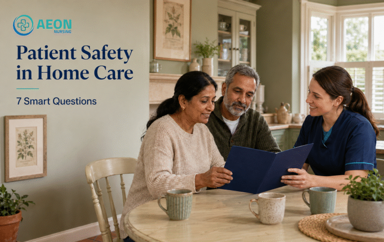 Patient safety in home care: person, family member and care professional reviewing a care plan