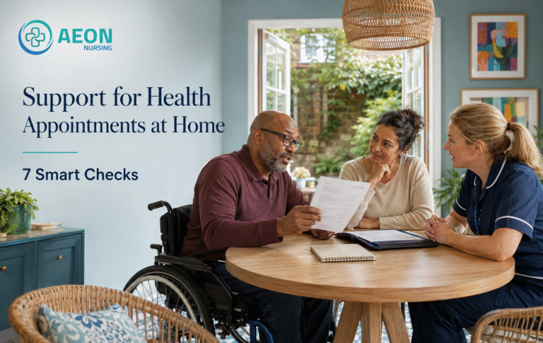 Support for health appointments at home: person preparing with family and a care professional