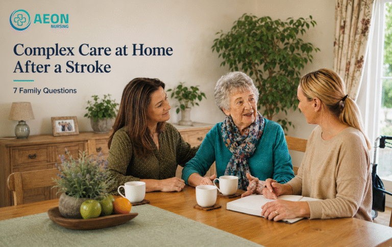 Complex care at home after a stroke: family discussing support with a care professional